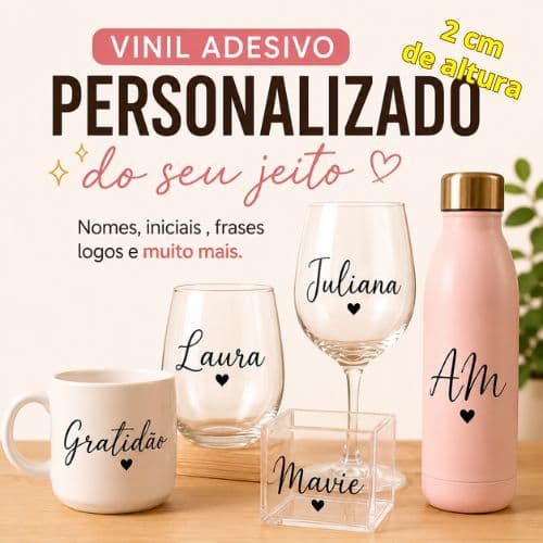 NOME VINIL ADESIVO Personalizado ( letra de 2 cm Altura ) Garrafa Copo Taça Vidro Acrílico Metal Envio Rápido