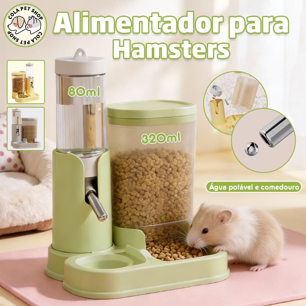 Comedouro e bebedouro automático para hamster com água 80 ml, ração 320 ml e bico de inox