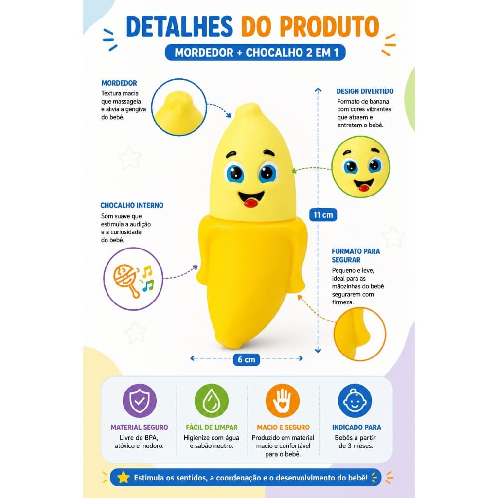 Mordedor Chocalho Frutas Vegetais Vinil Atóxico Livre Massageador Gengiva Sensorial Dentição 2 Meses INMETRO