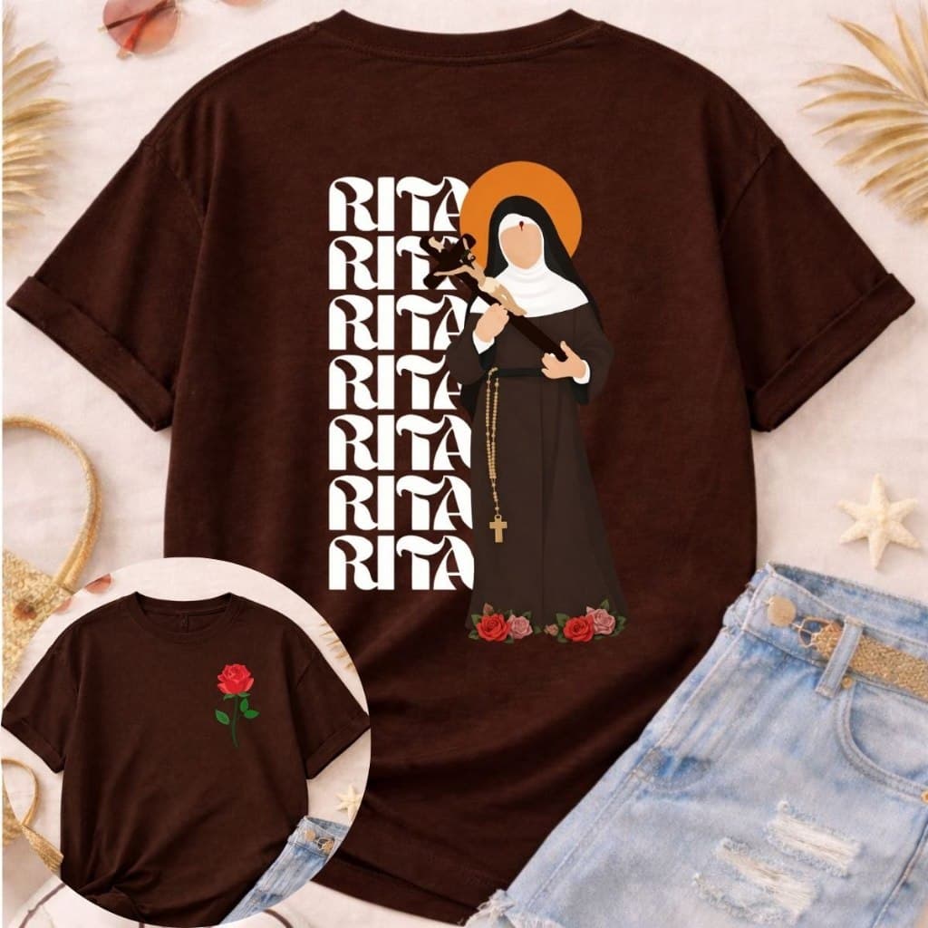 Camiseta Feminina Moda Cristã Santa rita 100% Algodão Estampado