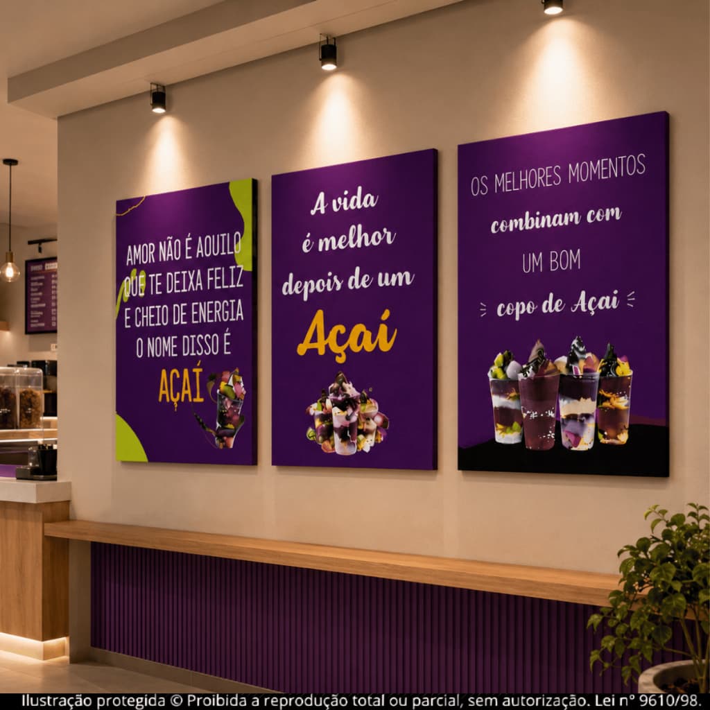 Kit Quadros Decorativos 3 Peças Açaí com Frases Roxo para Lanchonete Açaiteria Sorveteria Moderno
