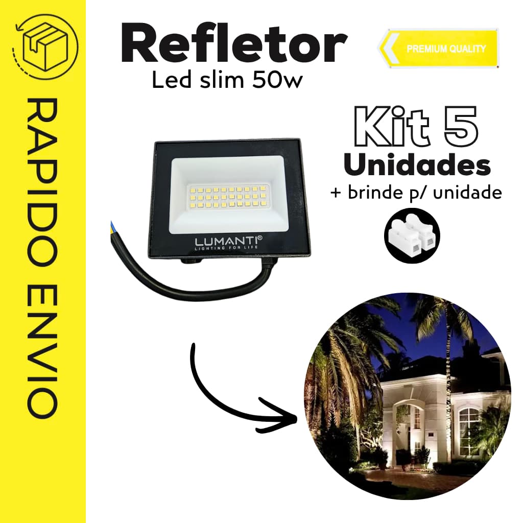 Kit 5 Refletor Led 50w Lumanti 4000lm Bivolt IP65 + Conector Emenda