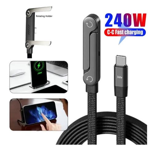 Cabo USB-C 240W Tipo C para Tipo C Carregamento Rápido com Suporte Giratório 180° para Celular Tablet Notebook