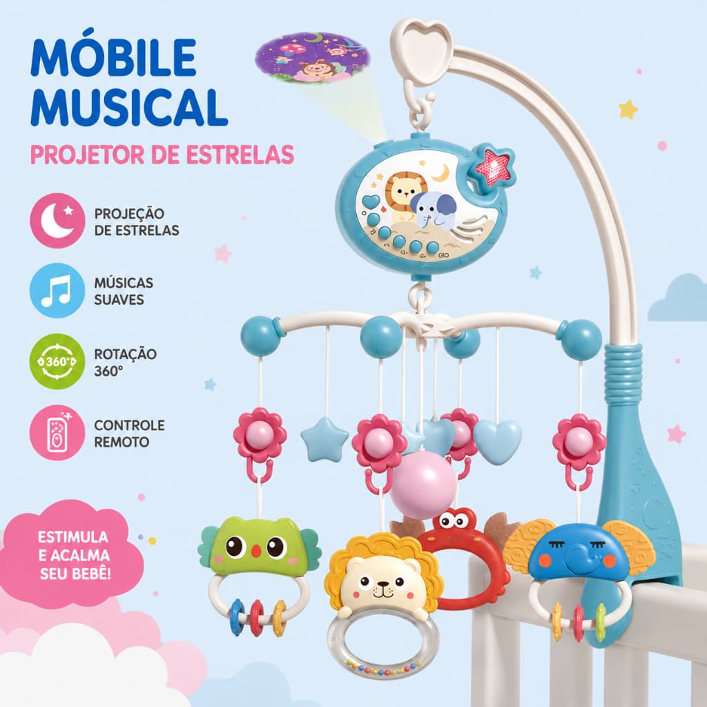 Móbile Musical para Berço Bebê com Projetor de Estrelas Controle Remoto Rotação 360° Luz Noturna Canções Relaxantes Brin