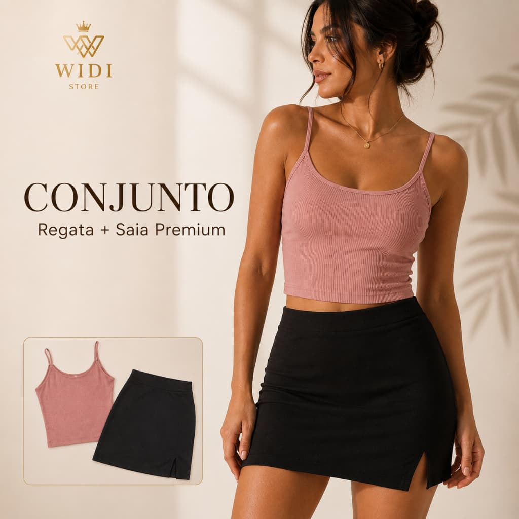 Conjunto Feminino Saia com Fenda e Regata Alcinha Canelada - Moda Bloguerinha (P M G)