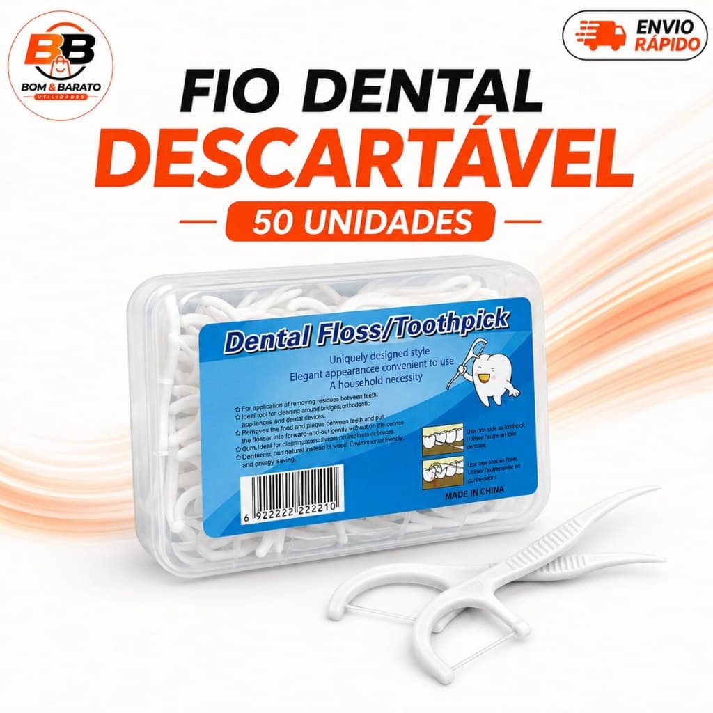 Fio Dental com Haste Descartável 2 em 1 Palito Dental Caixa com 50 Unidades