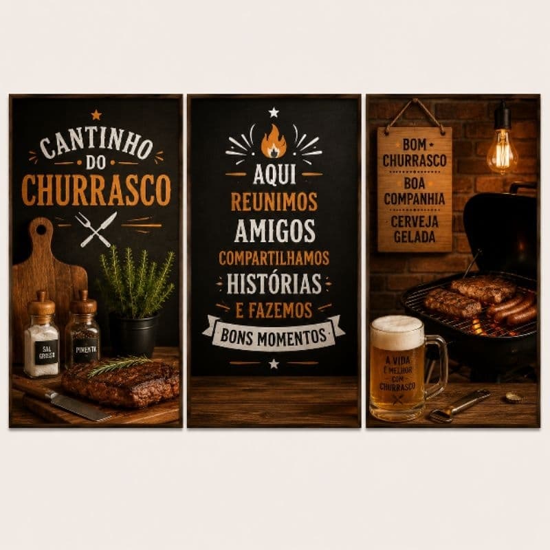 Quadro Decorativo Cantinho do Churrasco 3 Peças | Área Gourmet | Churrasqueira | Sem Moldura