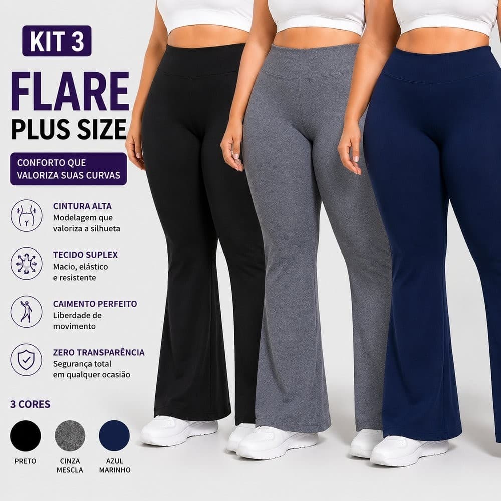 Kit 3 Calça Legging Flare Plus Size Cintura Alta Suplex Feminina Academia Zero Transparência