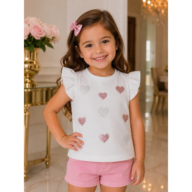 Regata Infantil Feminina com Babados e Corações em Strass e Glitter 4 a 10 Anos