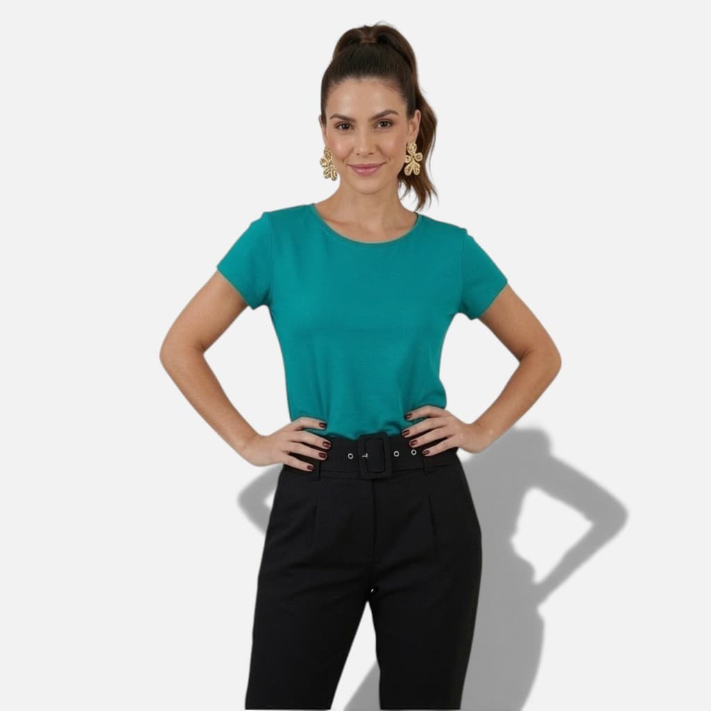 Camiseta Feminina Verde Básica Gola Redonda Manga Curta Casual Confortável 100% Algodão