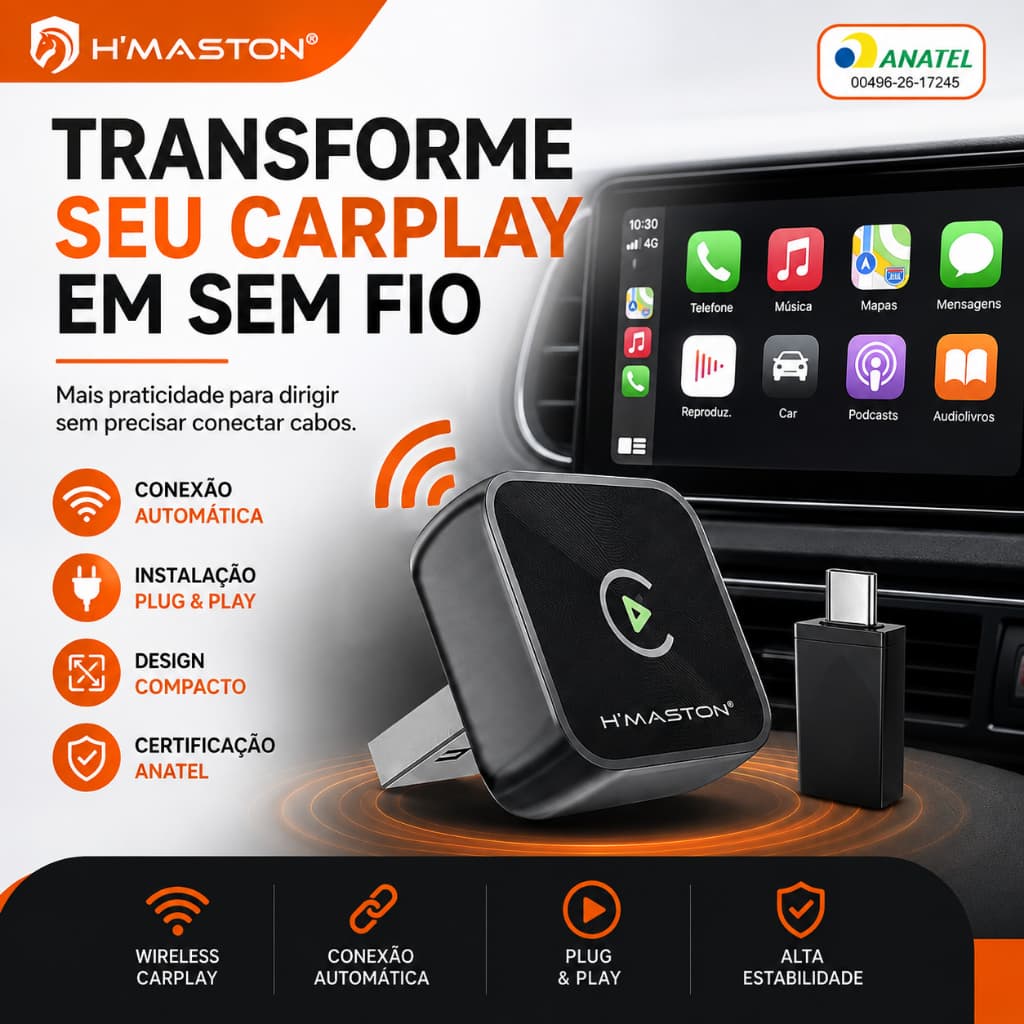 Adaptador CarPlay Sem Fio Wireless iPhone Plug and Play CarPlay Original USB ANATEL H'MASTON CZ01