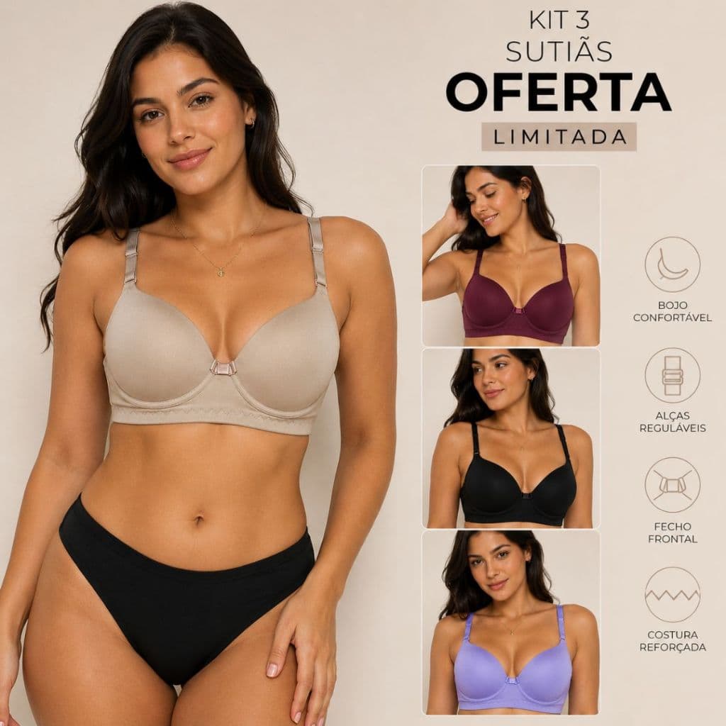 Kit 3 Sutiãs Femininos com Bojo Fecho Duplo Sustentação Prime Uso Diario