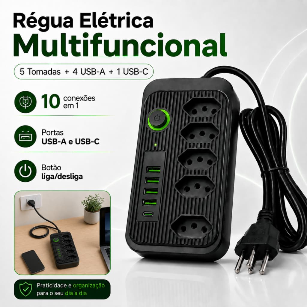 Regua Filtro Multifuncional Extensão Bivolt 5 Tomadas 4 USB-A 1 USB-C Cabo 110/220V 1,90 Metrôs Botão Liga Desliga