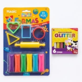Kit massinha de Modelar com Moldes 11 Peças +Massa com Glitter 6 cores Brinquedo Infantil Educativo