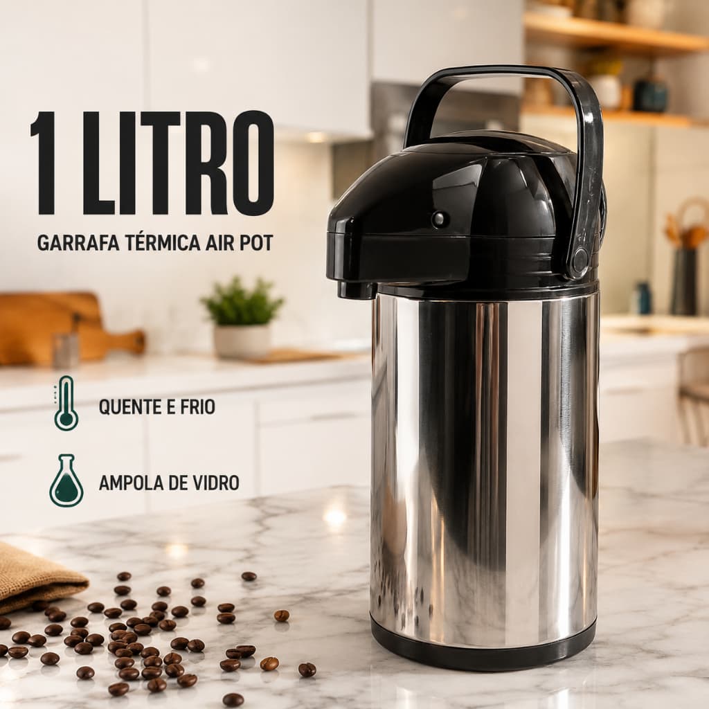 Garrafa Térmica Inox 1 Litro Botão Pressão Antirespingo Para Café Chá com Conservação Térmica por 24h