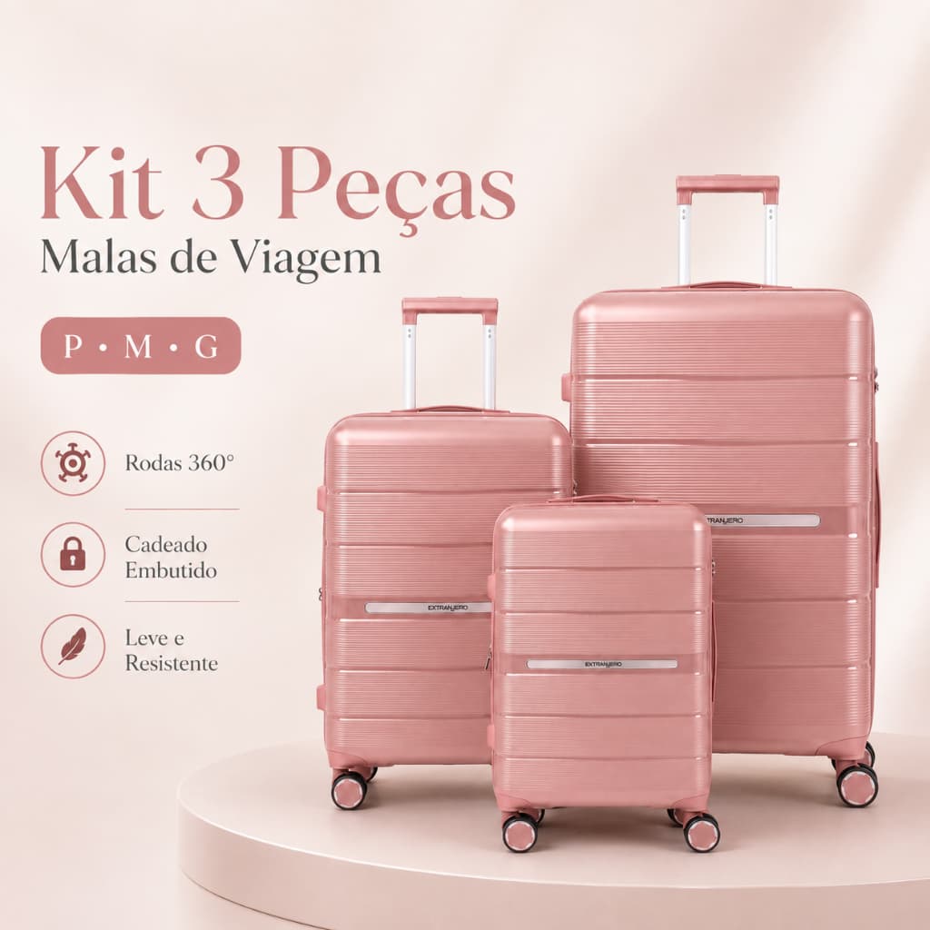 Conjunto 3 Malas Viagem P M G Rígidas PP | 10kg, 23kg, 32kg | Cadeado + Rodas 360°