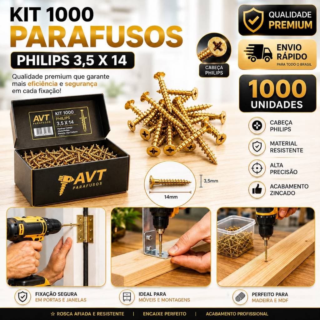 Kit 1000 Parafuso Philips 3,5 x 14 ChipBoard Aço Cabeça Chata Para Compensado Parede MDF Madeira