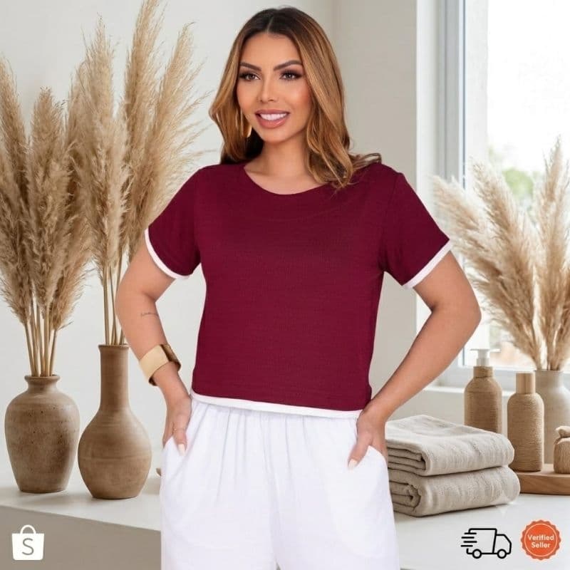blusa manga curta gola redonda tipo crooped