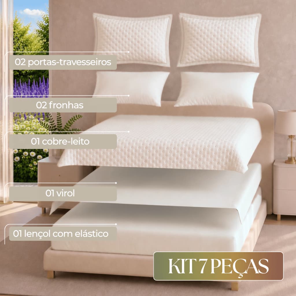 Kit 7 Peças Colcha Cobre Leito King Casal Microfibra 400 Fios Colonial Matte Lençol e Fronhas