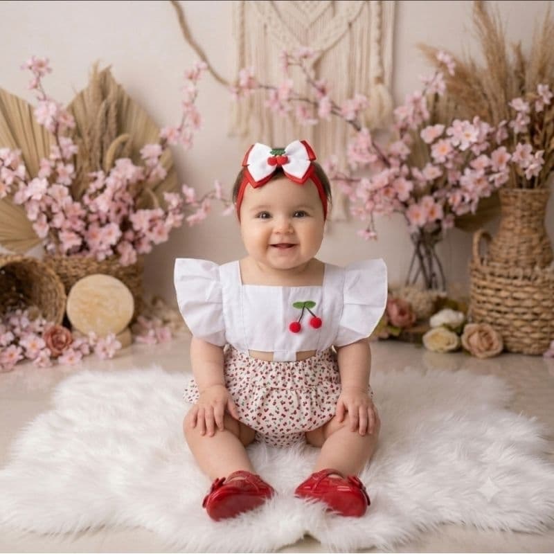 Romper Vestido Cereja + Faixa De Cabelo Body Jardineira Bebê Menina Cerejinha Mêsversário Ensaio Fotográfico
