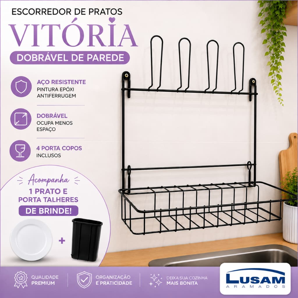 Escorredor de Pratos Vitória Dobrável de Parede Porta Copos Aço Premium Até 9 Pratos