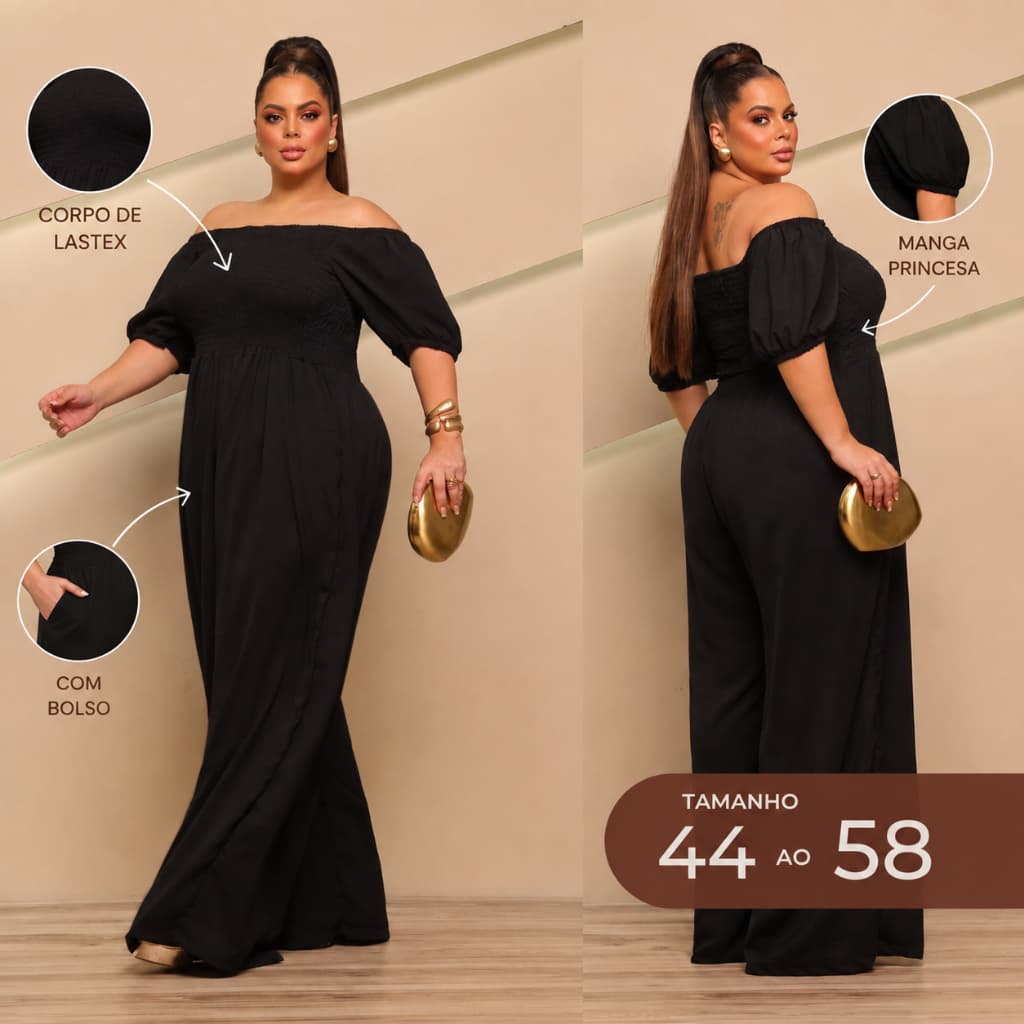Macacão Feminino Plus Size Longo com Bolso Manga Princesa Tomara que Caia Busto em Lastex 44 ao 58