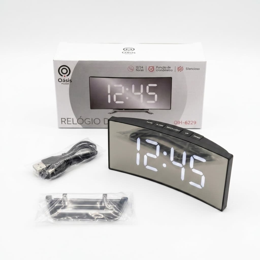 Relógio com led Despertador Digital de Mesa Tela Espelhada Curvada Soneca Cronômetro USB