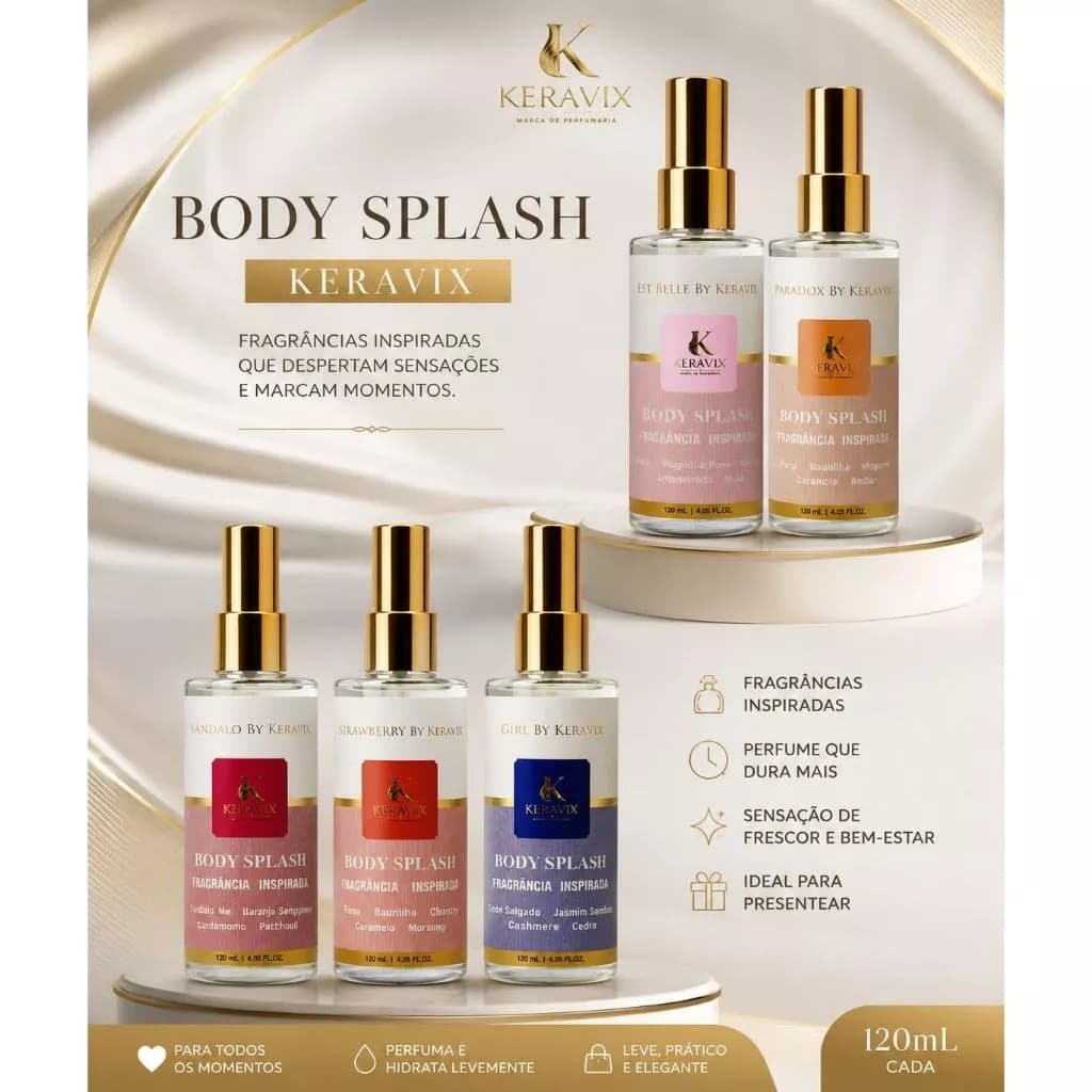 Perfume Feminino Body Splash Keravix 120ml Fragrâncias Inspiradas em Importados Longa Duração