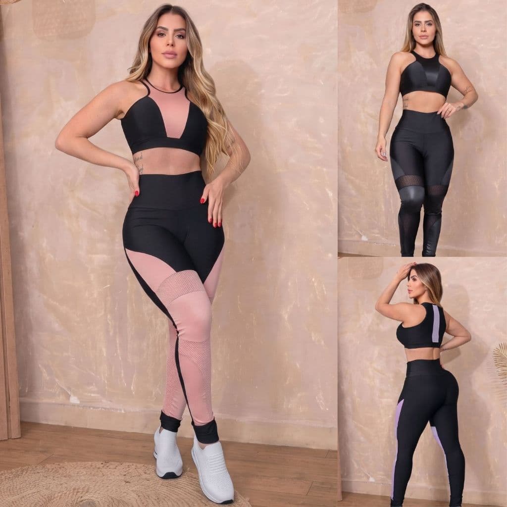 Conjunto Fitness Feminino Legging Cós Alto Cropped Nadador Tela Cirrê Treino Academia Pronta Entrega
