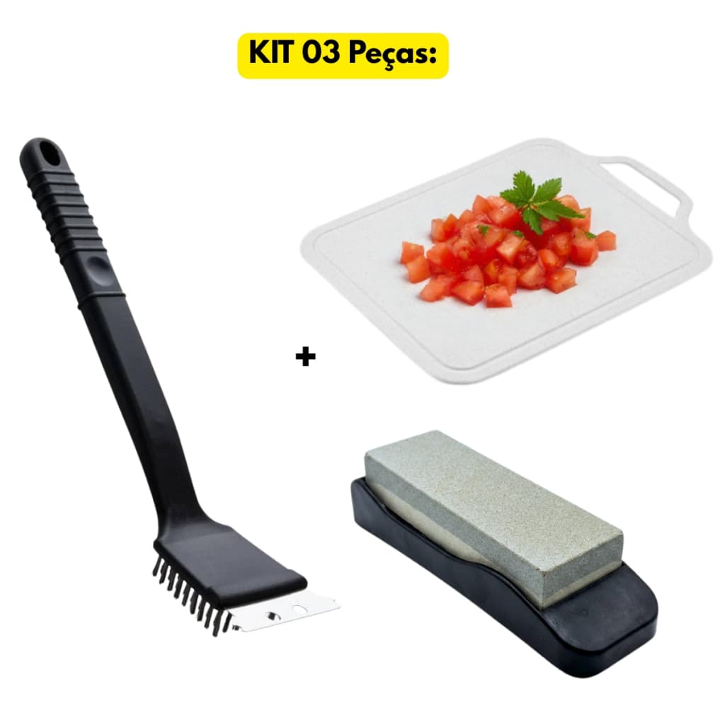 Jogo Kit 03 Pçs Tabua de Corte + Pedra de Amolar + Escova de Aço Limpa Grelha Amolador Churrasco Afiador