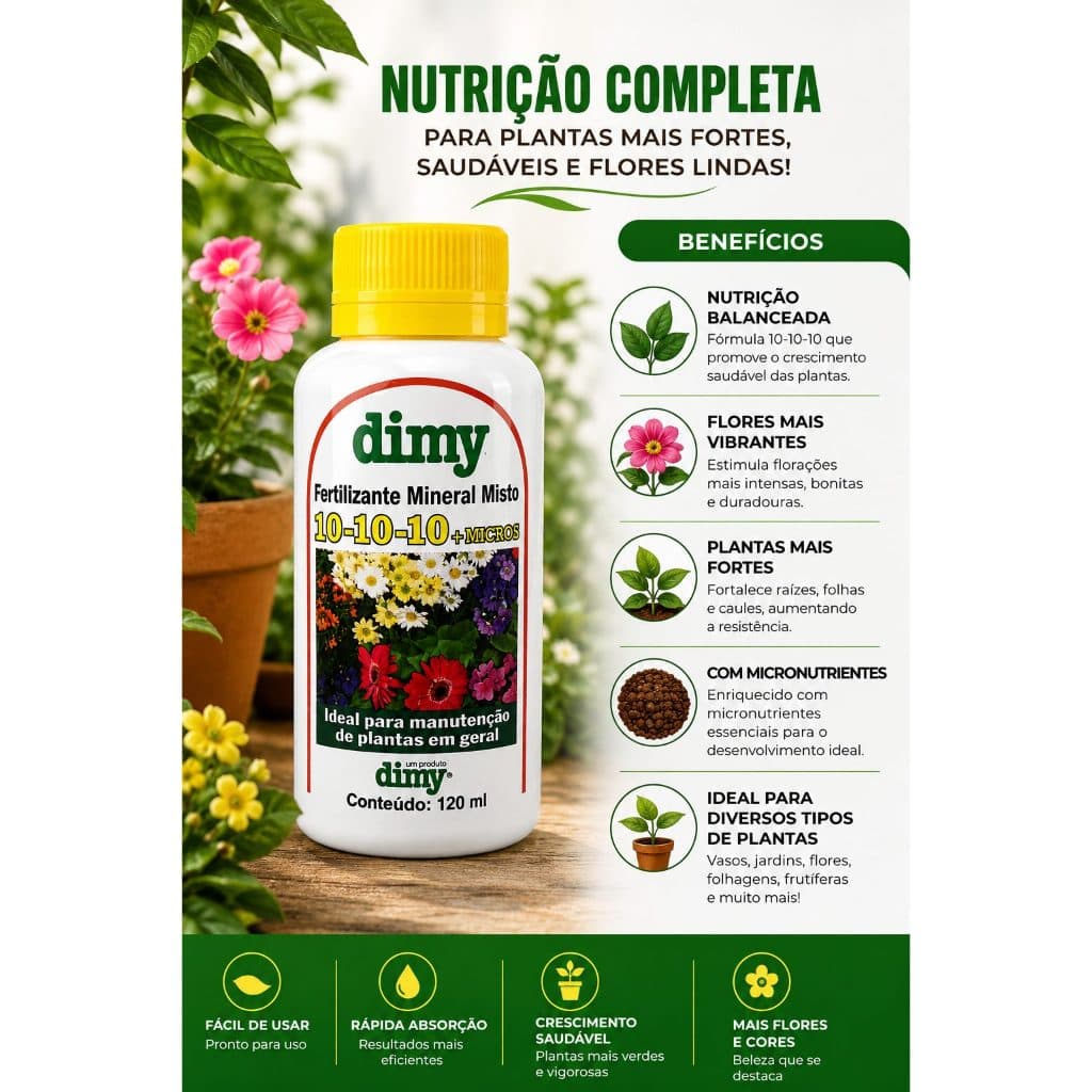 Adubo Fertilizante 10-10-10  Dimy NPK Mineral Micros 120ml Nutrição Completa para Plantas