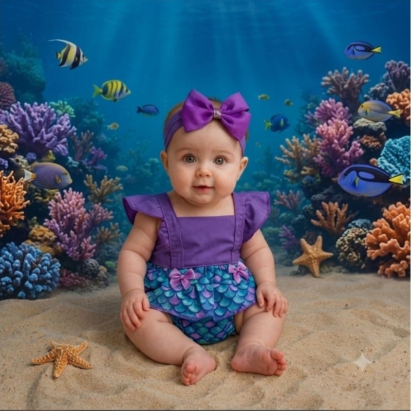 Romper Vestido Sereia Ariel + Faixa De Cabelo Jardineira Temático Mesversário Body Bebê Menina Ensaio Fotográfico