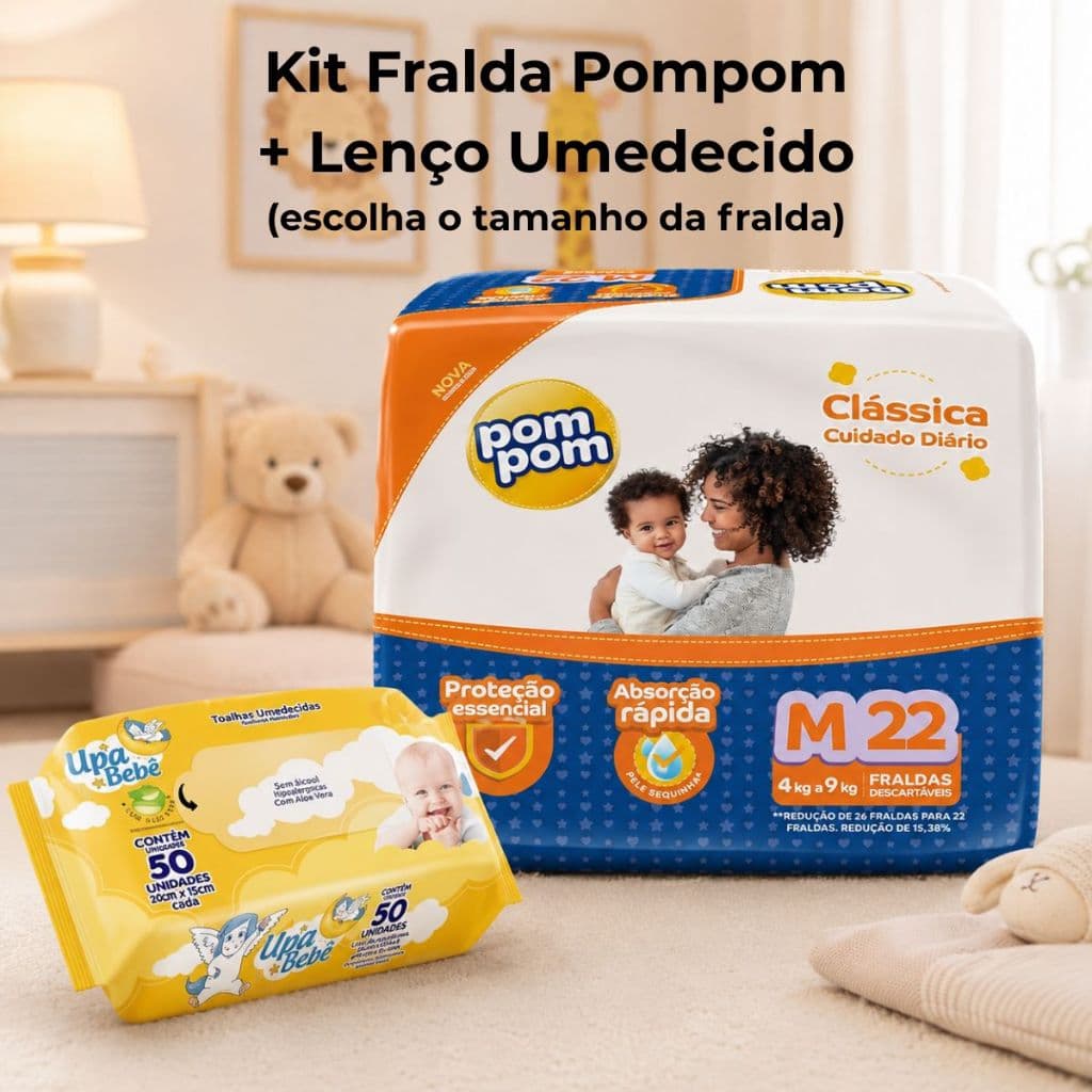 Kit Fralda Pom Pom Clássica + Lenço Umedecido 50un - Proteção até 12h - Escolha o Tamanho