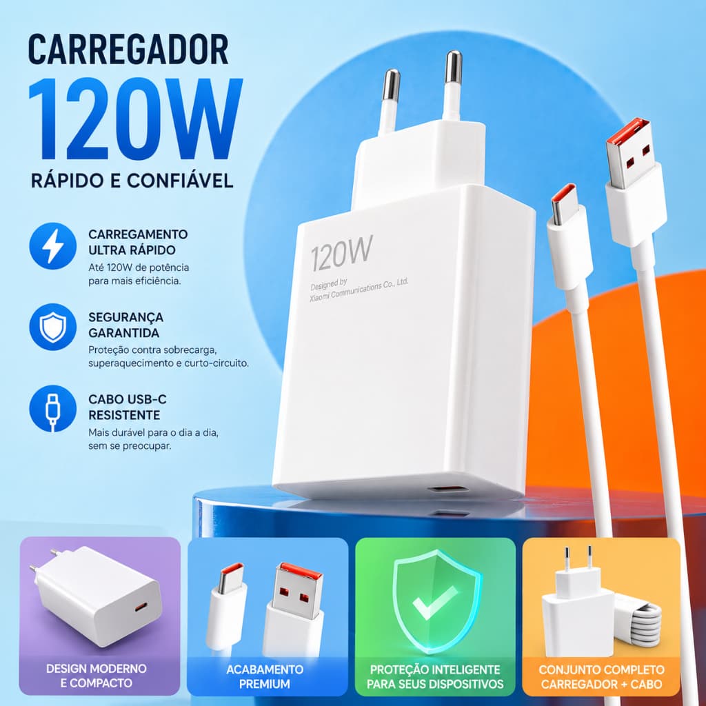 Carregador Rápido 120W Fonte e Cabo Tipo C 6A Carga Ultra Rápida Compatível Com Xiaomi