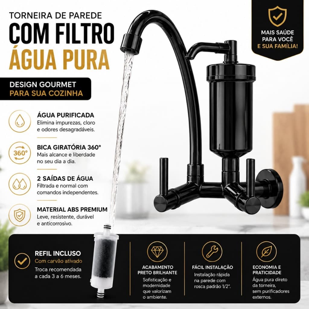 Torneira de Parede Preta com Filtro Bica Alta 360 Dupla Saída Cozinha Gourmet ABS 1/2 Vela Pró Saúde