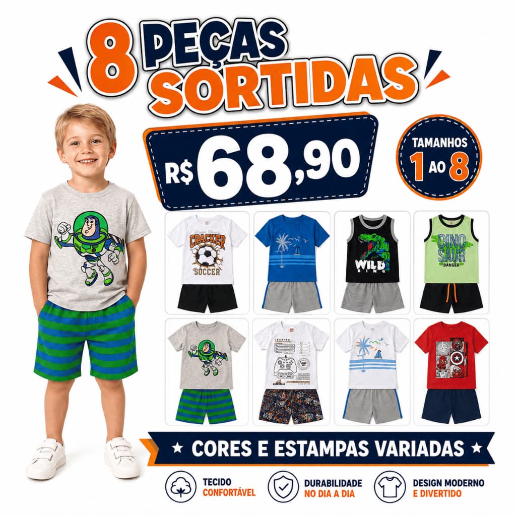 8 Peças Roupa Infantil Menino Sortida 4 Conjuntos Camiseta e Bermuda Escola Passeio Dia a Dia Moleton