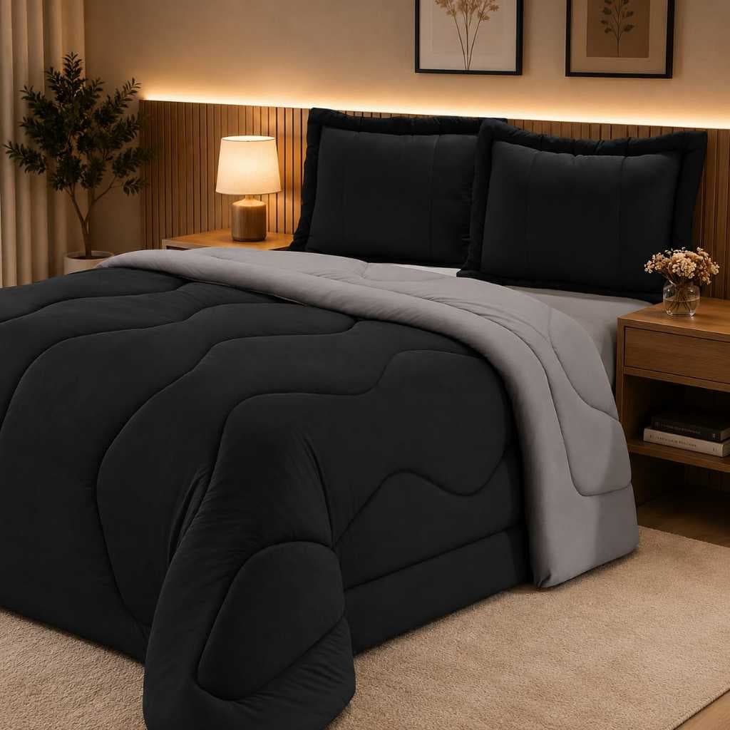 Edredom Em Malha Gel 3 Peças Casal Queen 2,20 X 2,40 - Preto Com Cinza