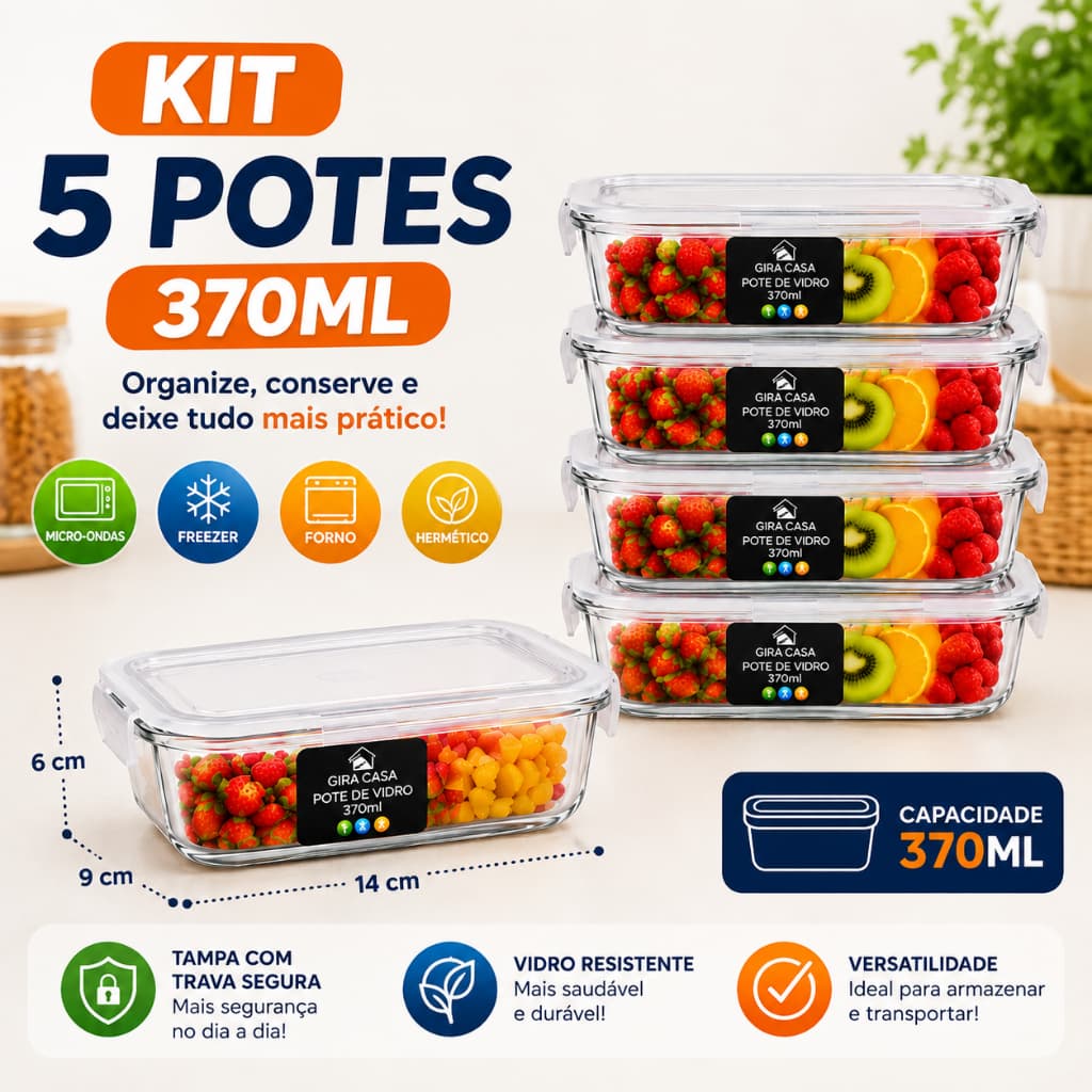 Kit 6 potes de vidro 370ml e ganhe 2 grátis