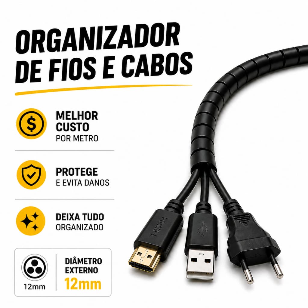 Organizador de Fios e Cabos 1/2" -12mm| Acabe com Cabos Bagunçados | Ideal para Mesa, TV e PC | Fácil