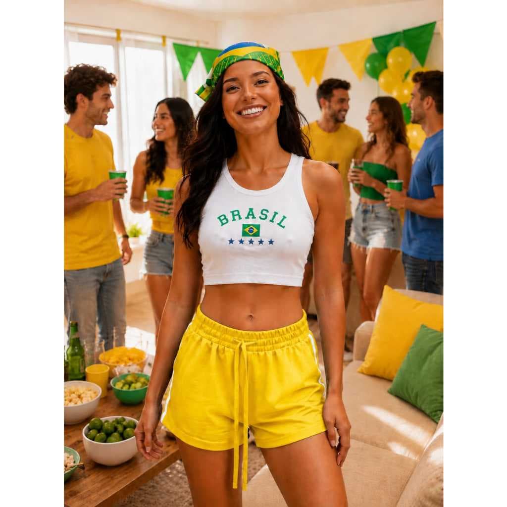 Bermuda Feminina Copa Brasil Tecido Duna Azul Amarelo e Verde Confortável
