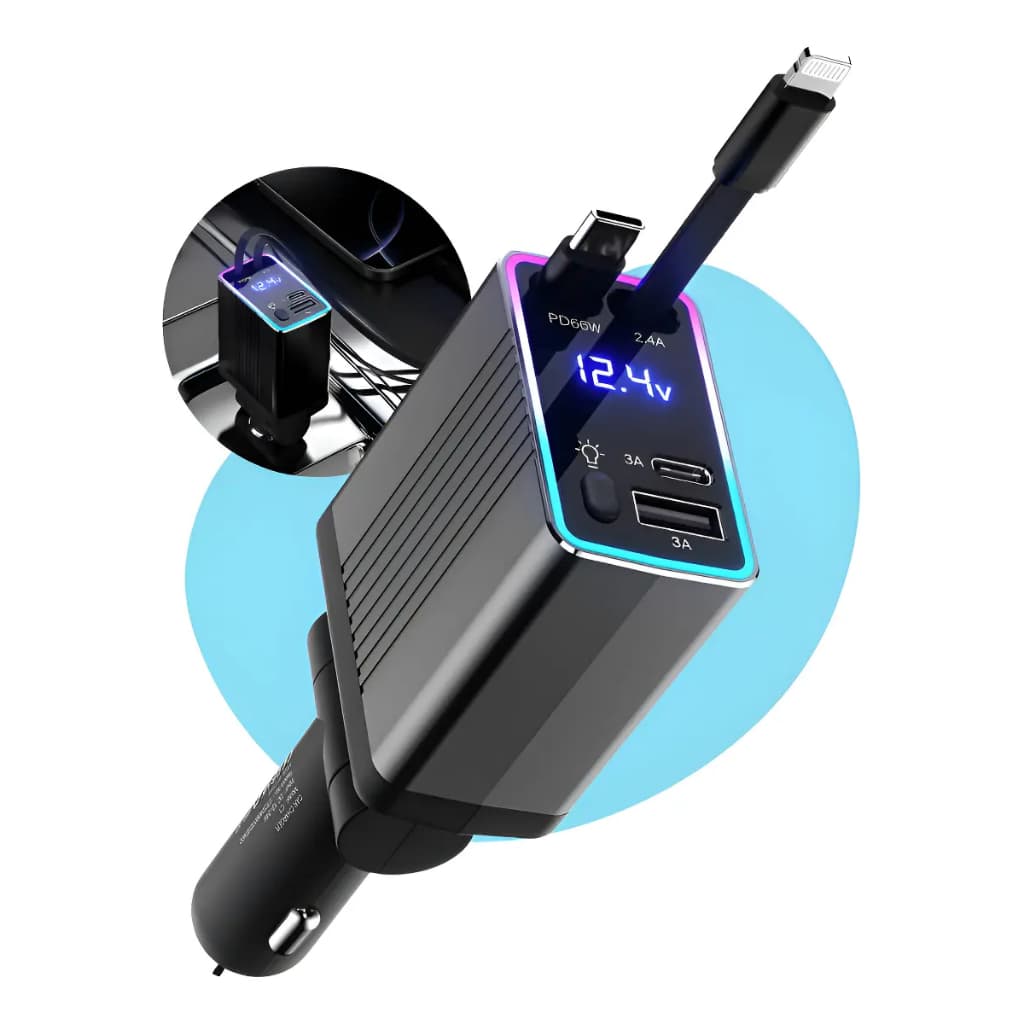 Carregador de carro retrátil com luz LED, carregador de carro rápido 4 em 1 de 120 W Super turbo para iPhone e Android