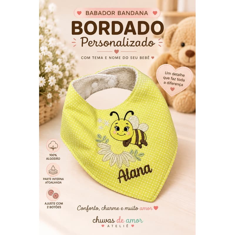 Babador Bandana Bordado Personalizado com Nome e Tema Bebê