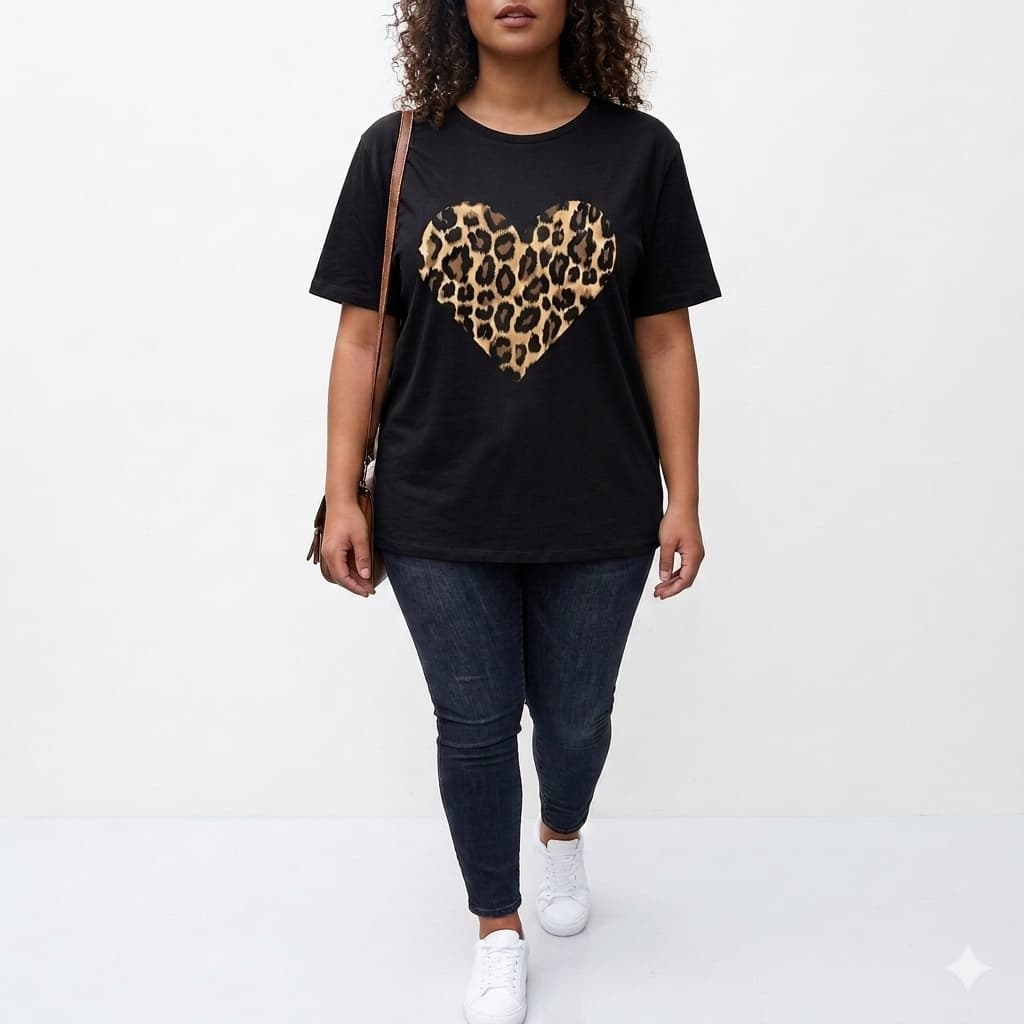Tshirt Feminina Estilosa Estampada Coração Onça Camiseta 100% Algodão Camisetão Camisa Oversized Plus Size