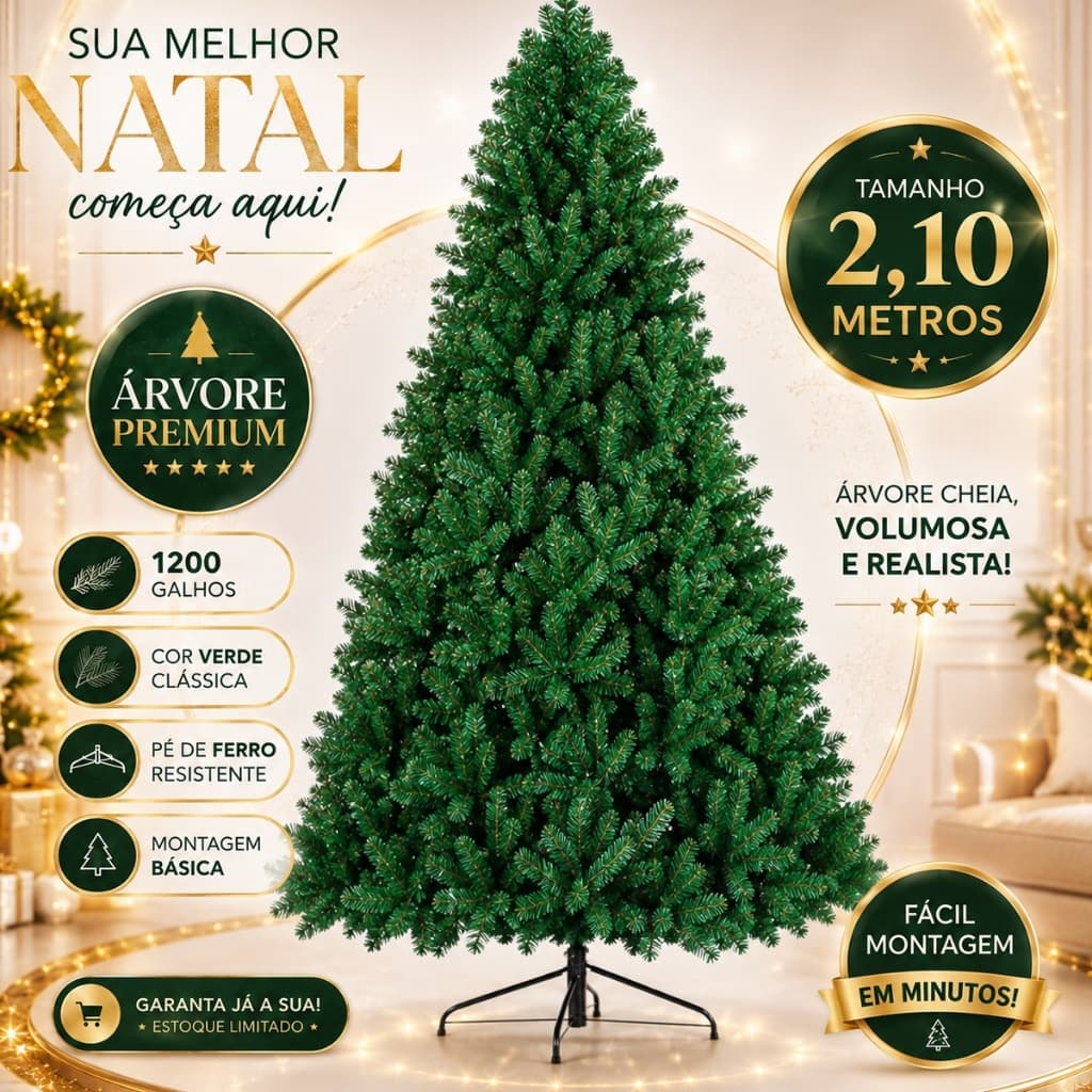 Arvore De Natal 2,10m 1200 Galhos Pinheiro Luxo Cheia Galhos Reforçados Verde Tradicional Pé De Ferro Decoração Natalina