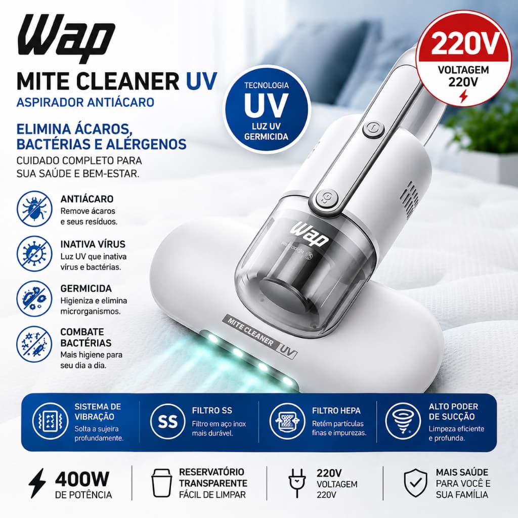 Aspirador Antiácaro WAP Mite Cleaner UV Luz UV Filtro HEPA Branco 220v 400W