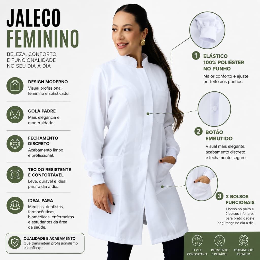 Jaleco Feminino Oxford Branco, Botão Embutido, Gola Padre, Elástico Punho Manga Longa- Oxford