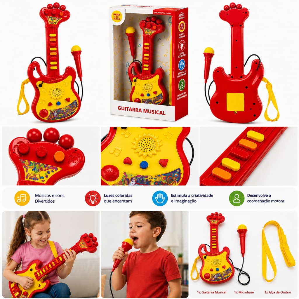 Guitarra Infantil Com Microfone Brinquedo Musical Luzes Sons Violão Infantil Instrumento Musical Educativo Interativo