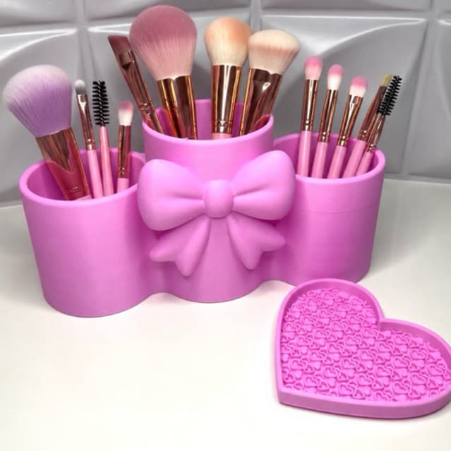 Porta Pincéis Maquiagem + Tapete Para Limpeza de Pinceis | Organizador de Maquiagem | Porta Canetas Laço Elegante.