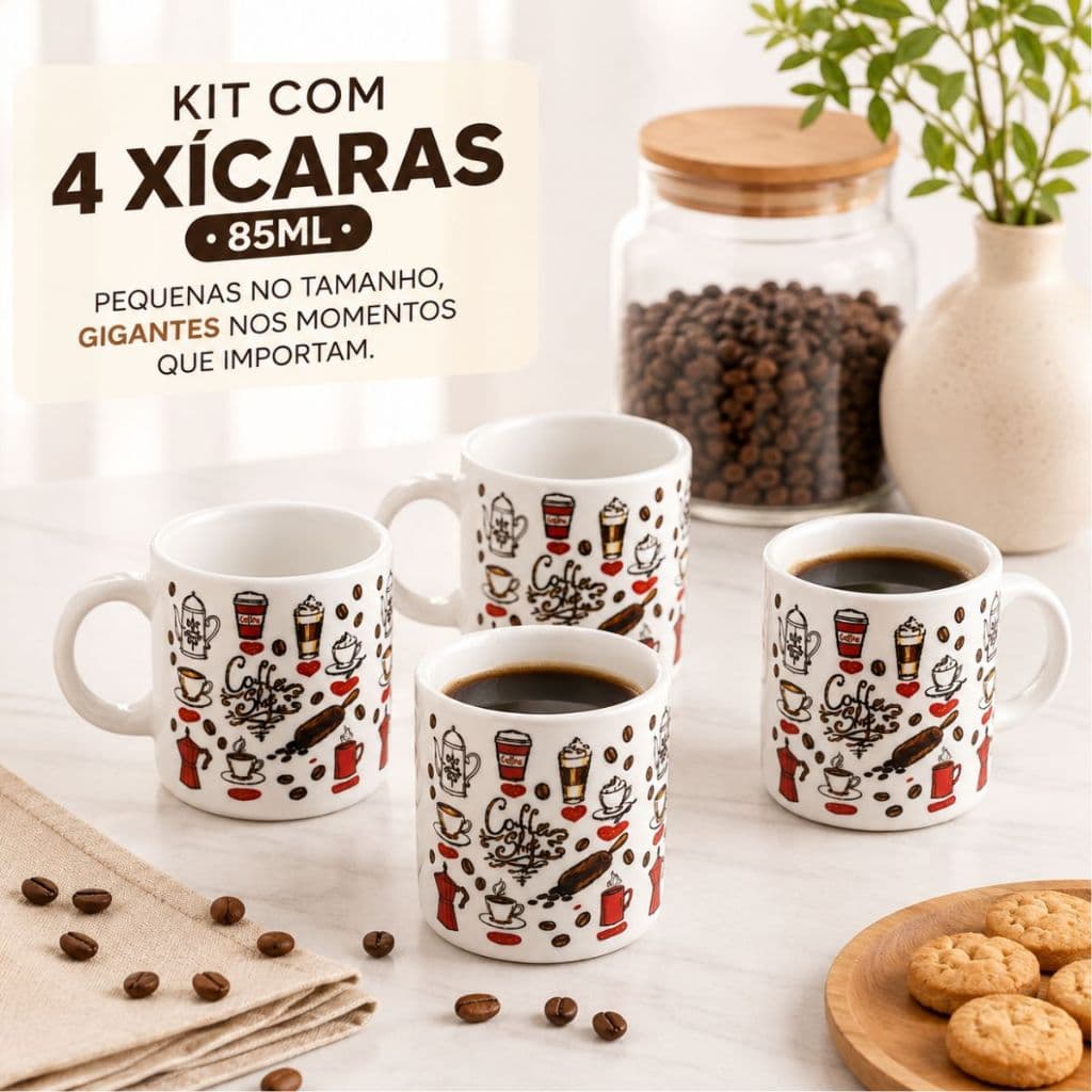 Jogo 4 Xicaras De Porcelana Branca Lisa Cafe Expresso  Restaurante Hotel Cafeteria Casa