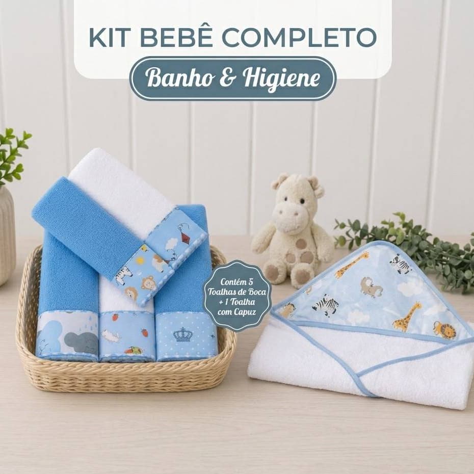 Kit Toalha de Banho Bebê com Capuz 100% Algodão + 5 Toalhinhas Boca e Ombro Felpudas Enxoval Maternidade